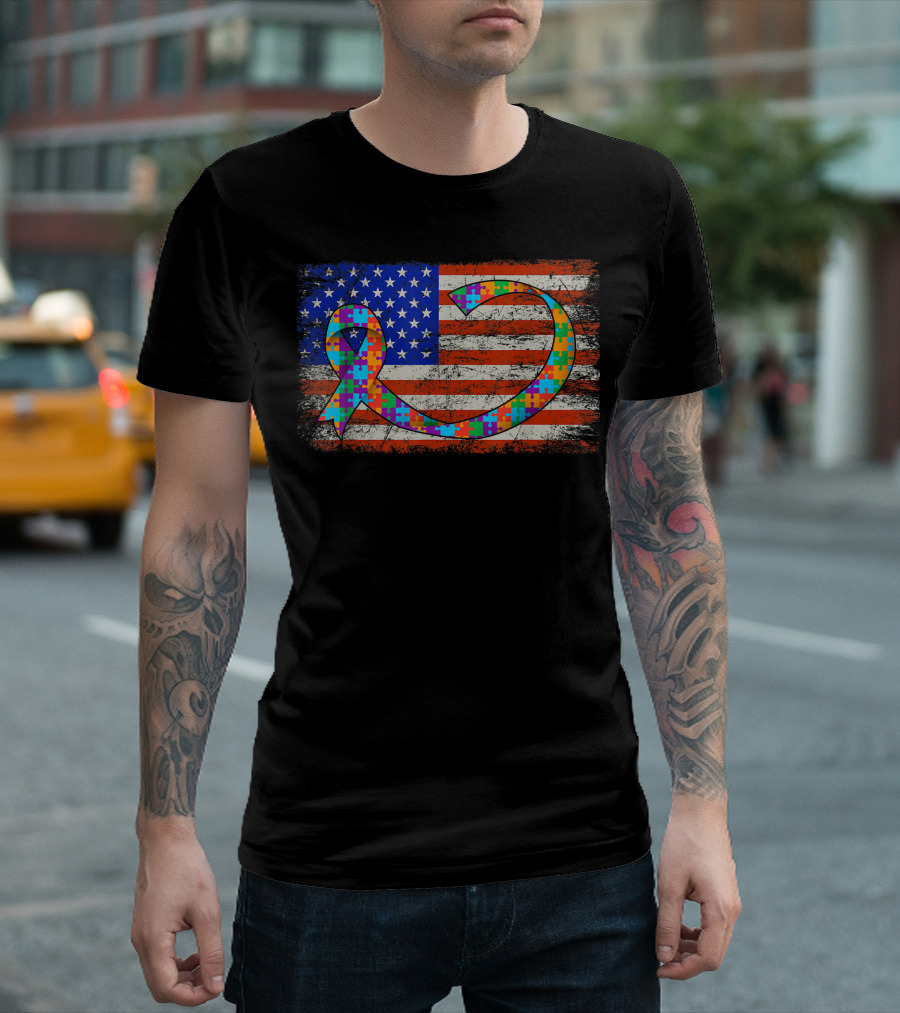 American Flag With Autism Awareness Puzzle T-Shirt
