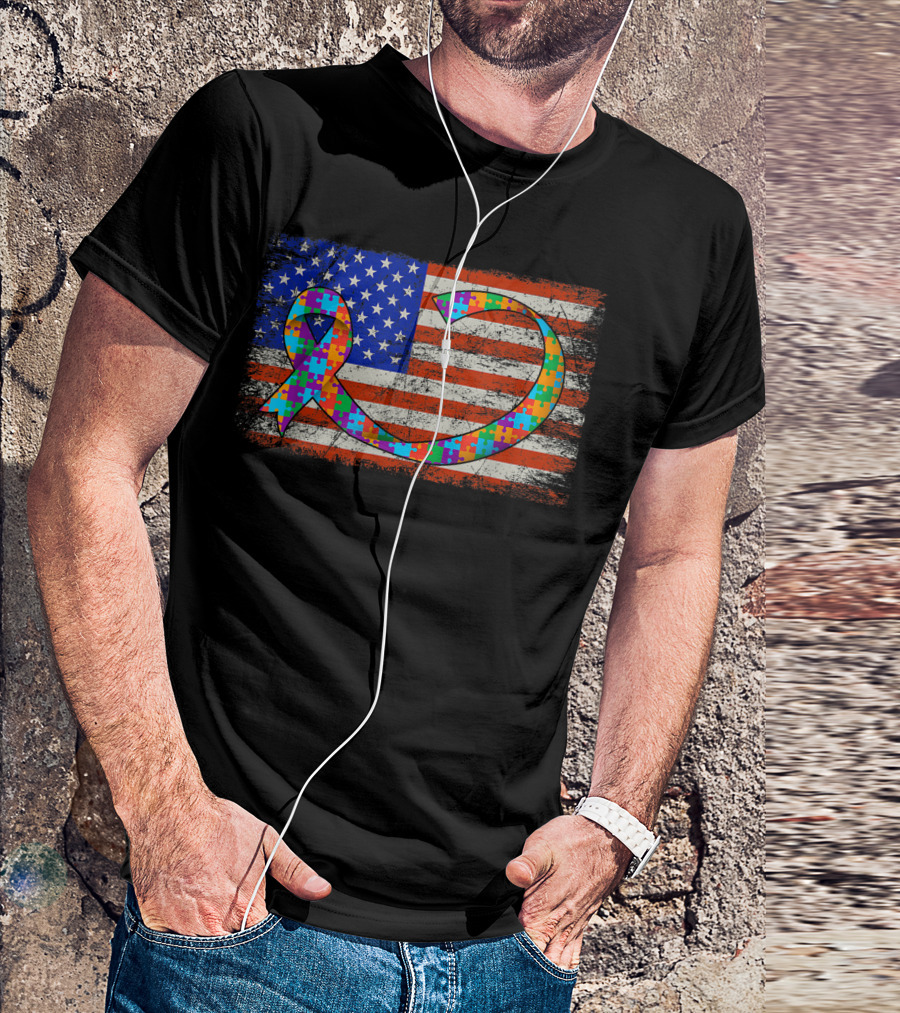 American Flag With Autism Awareness Puzzle T-Shirt