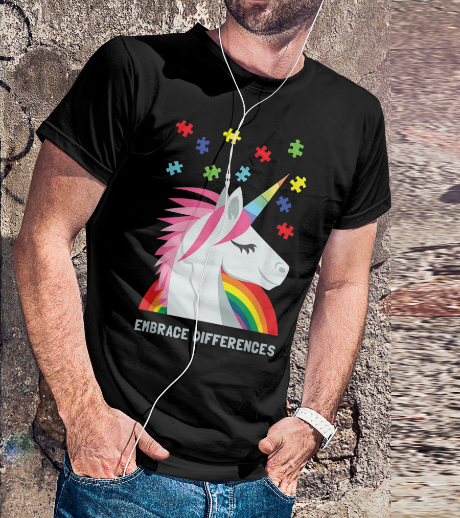 Embrace Differences Autism Awareness Unicorn Puzzle Piece Women Youth Men T-Shirt