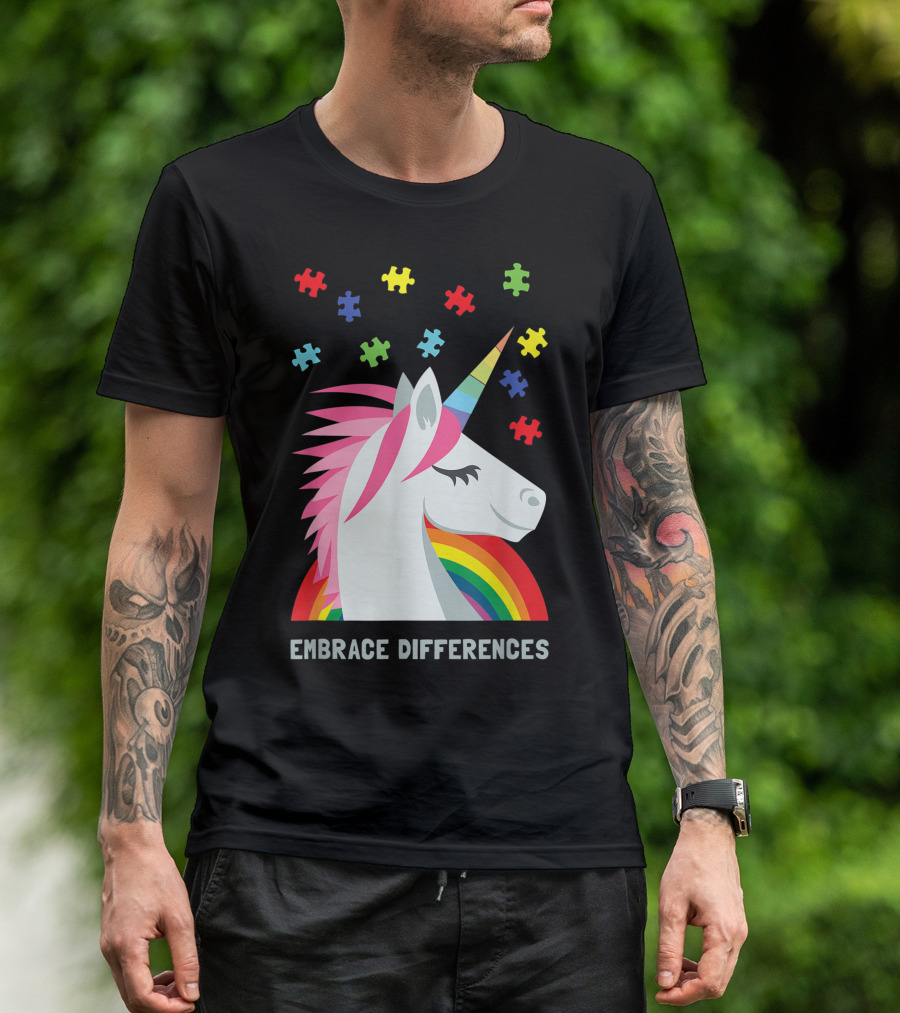Embrace Differences Autism Awareness Unicorn Puzzle Piece Women Youth Men T-Shirt