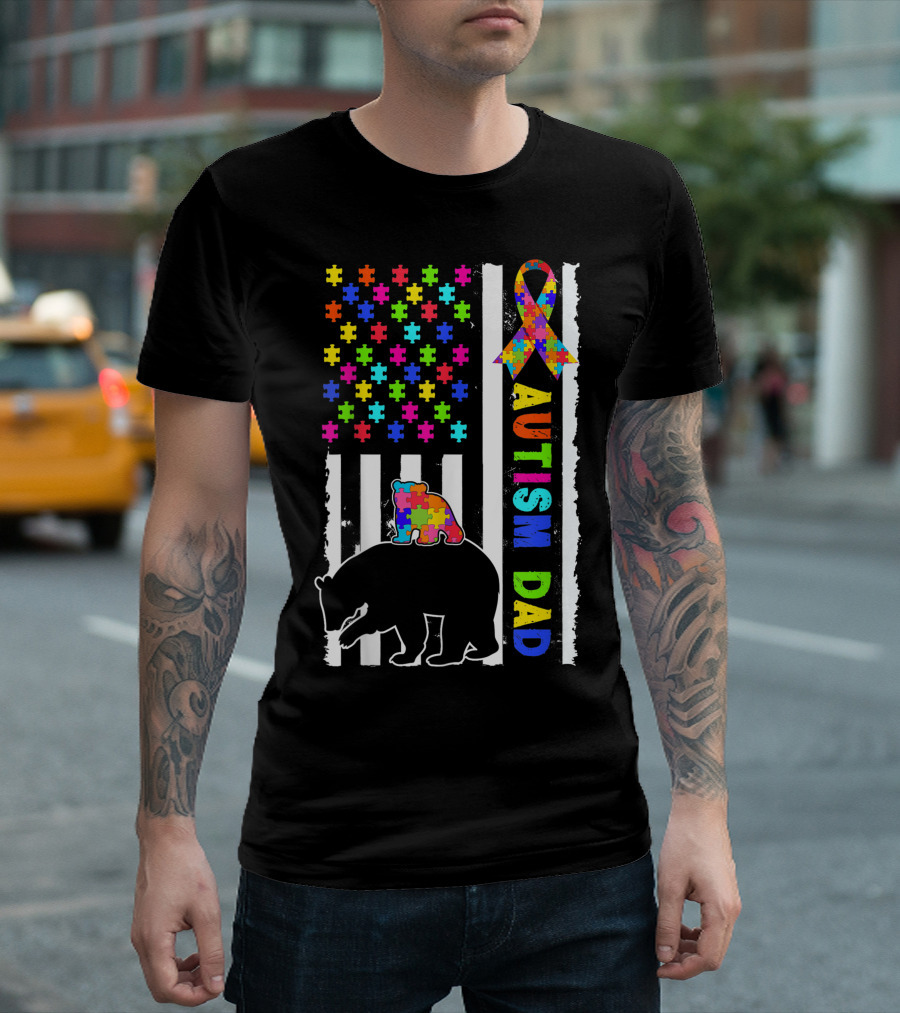 Autism Dad Puzzle Ribbon Bear Family Awareness T-Shirt