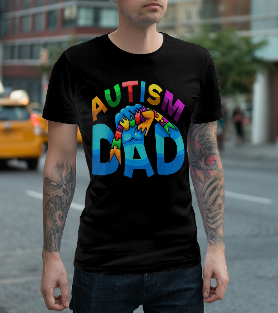 Autism Dad Fist With Colorful Puzzle Pieces For Fathers T-Shirt