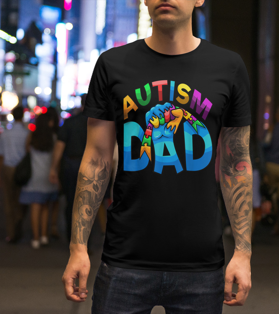 Autism Dad Fist With Colorful Puzzle Pieces For Fathers T-Shirt