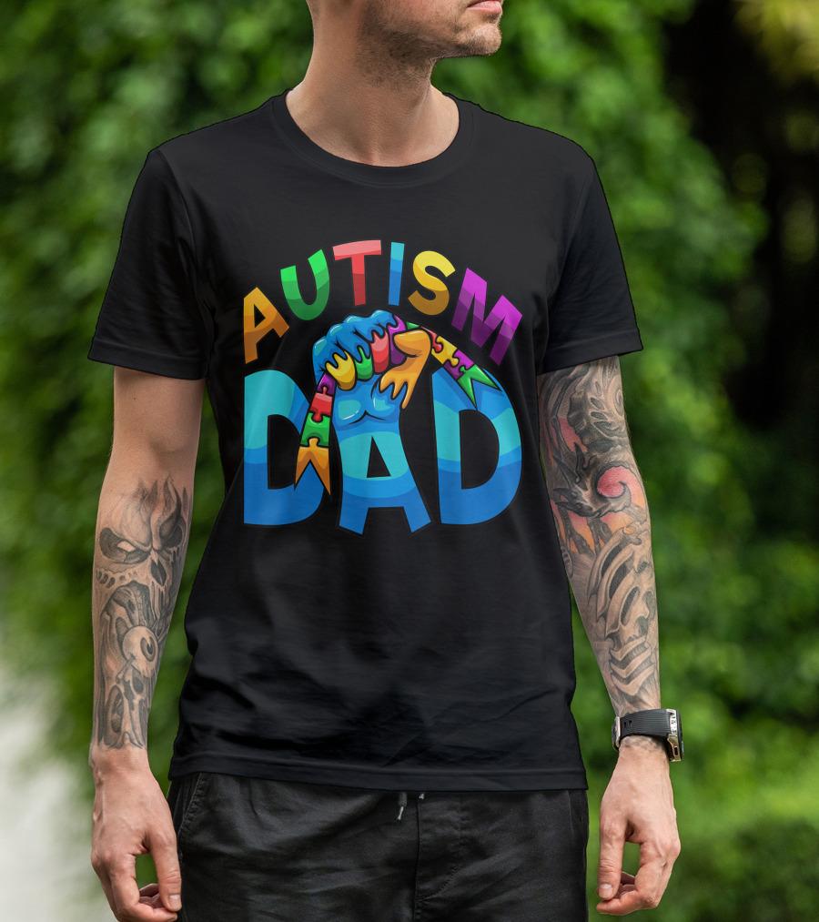 Autism Dad Fist With Colorful Puzzle Pieces For Fathers T-Shirt