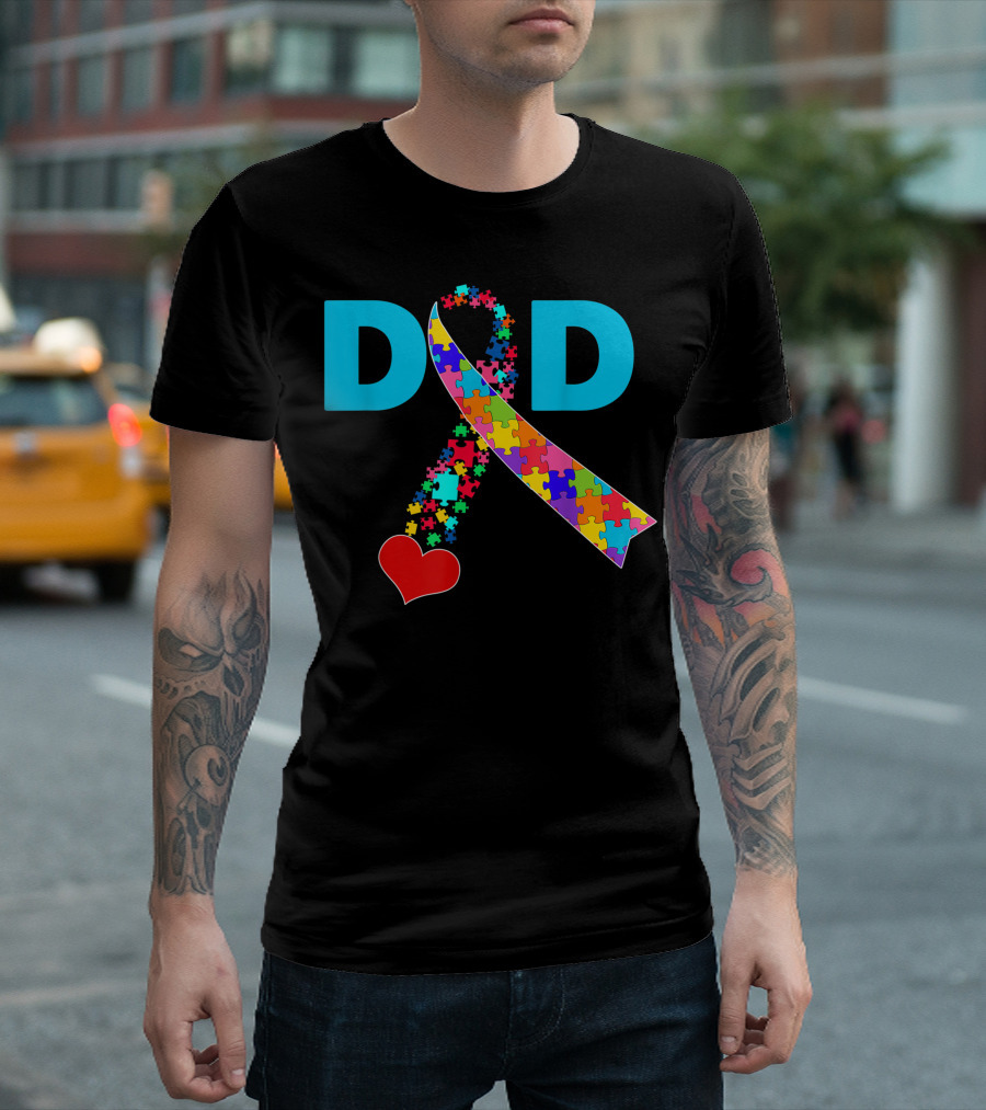 Dad Ribbon Heart Puzzle Autism Awareness Autistic Family T-Shirt