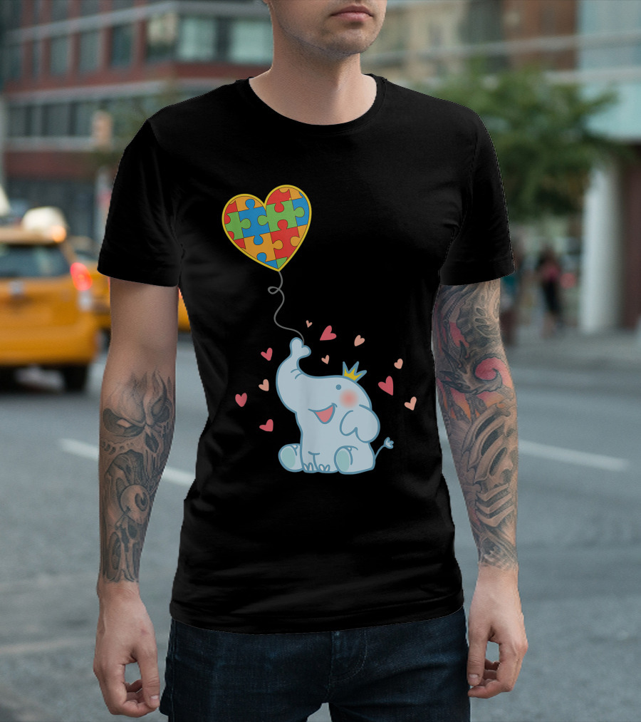 Autism Puzzle Piece Heart Balloon Elephant T-Shirt