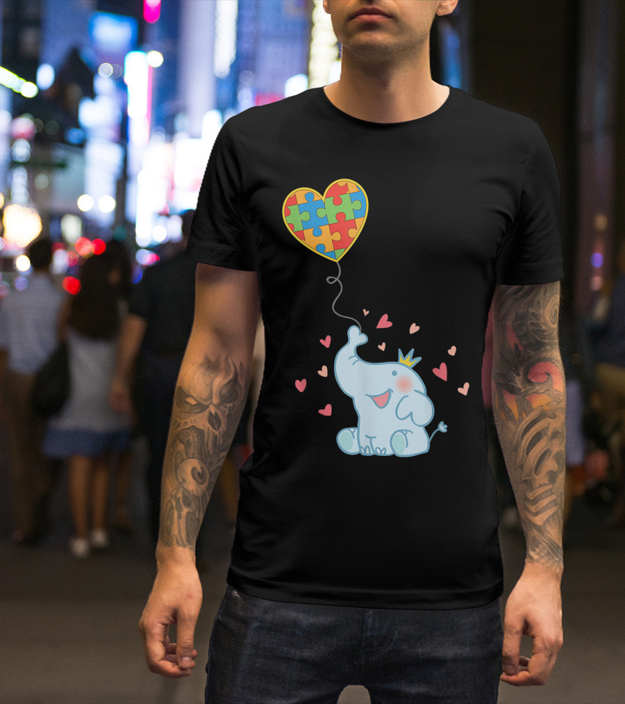 Autism Puzzle Piece Heart Balloon Elephant T-Shirt