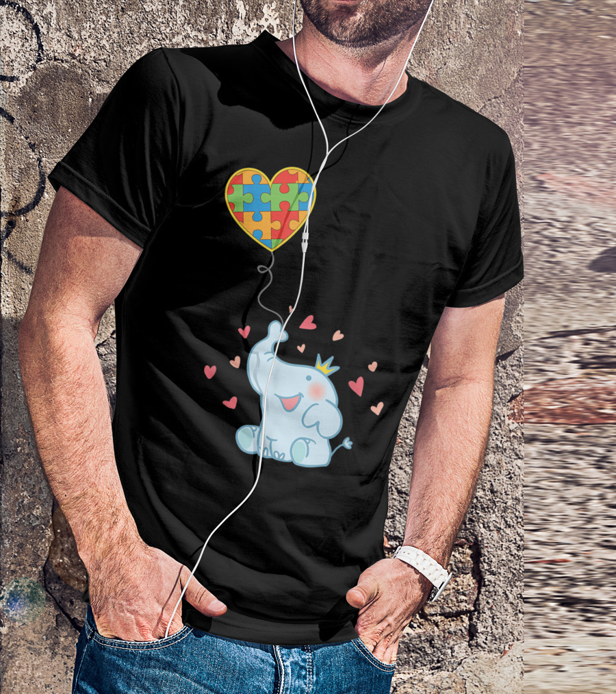 Autism Puzzle Piece Heart Balloon Elephant T-Shirt