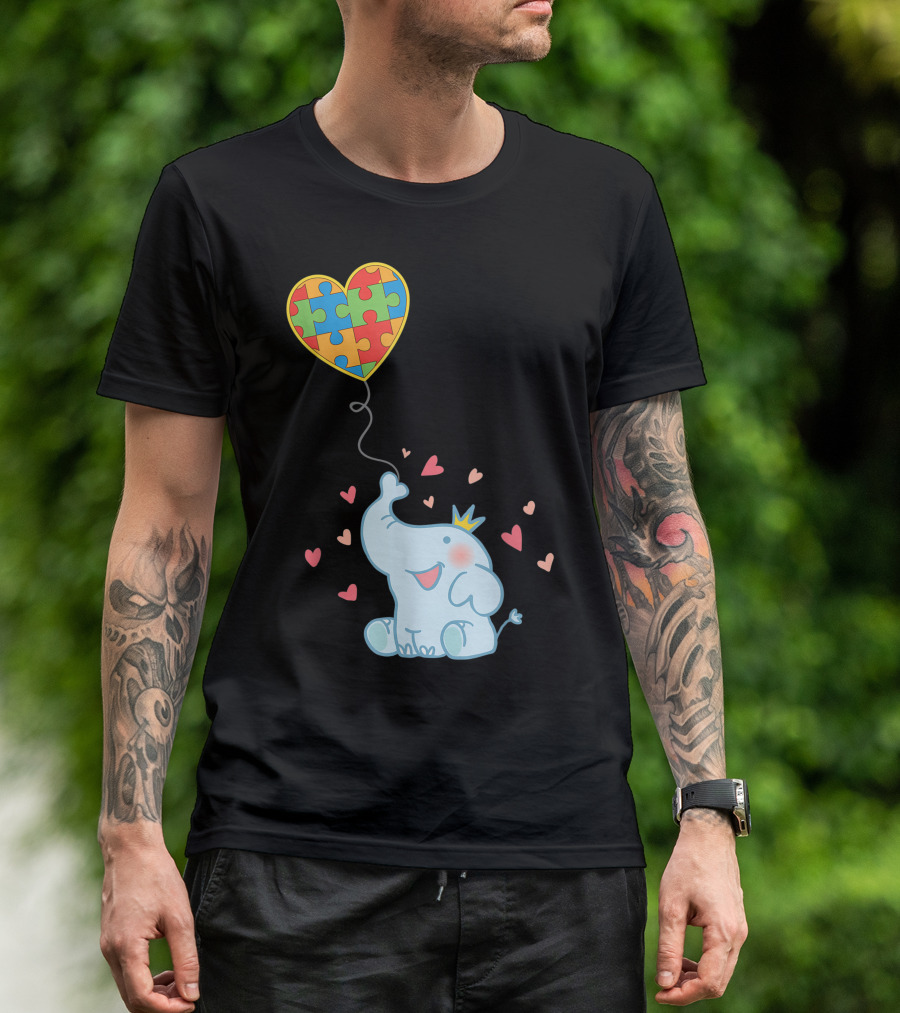 Autism Puzzle Piece Heart Balloon Elephant T-Shirt