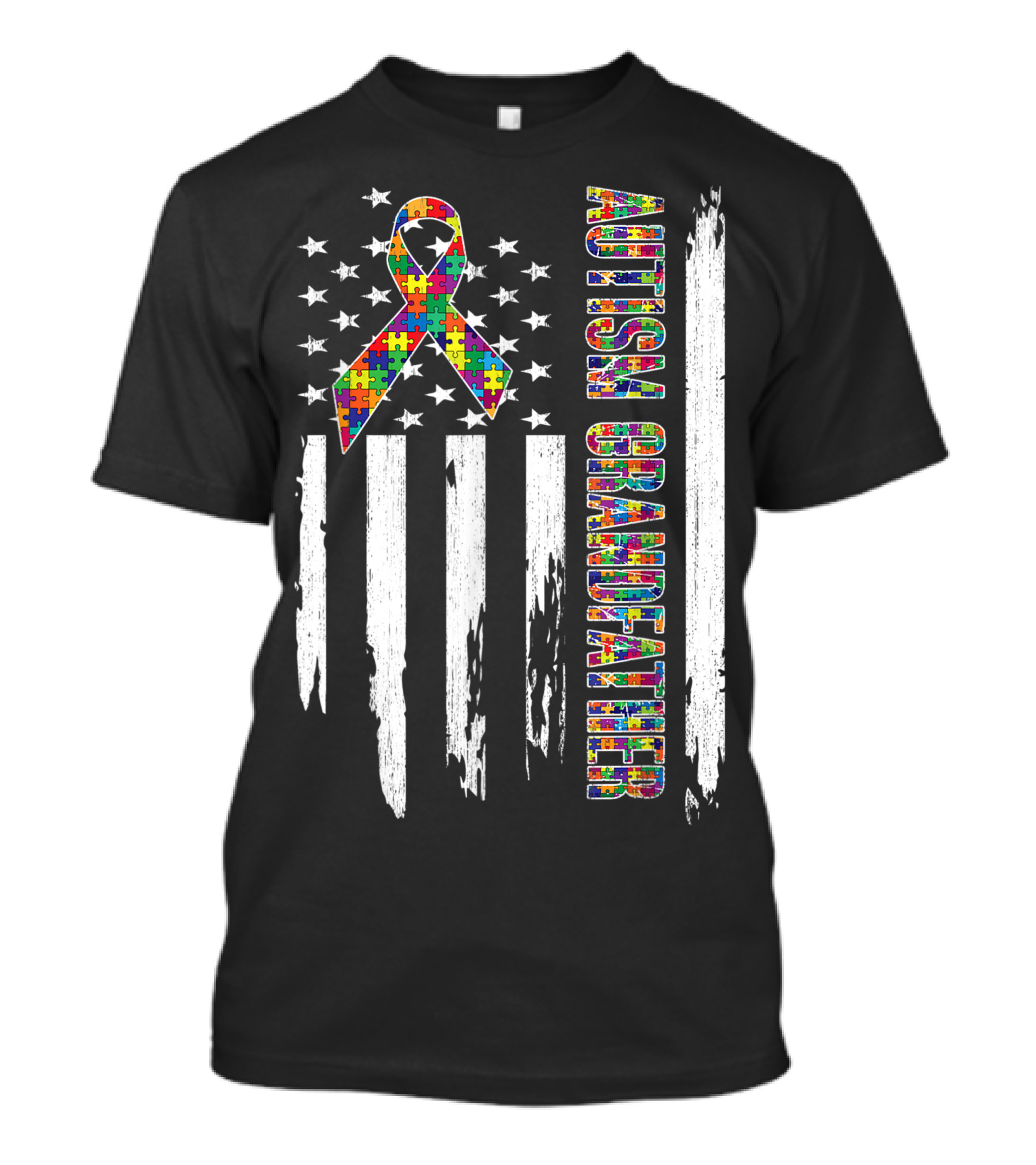 Autism Grandfather Puzzle Ribbon American Flag Autism Awareness T-Shirt