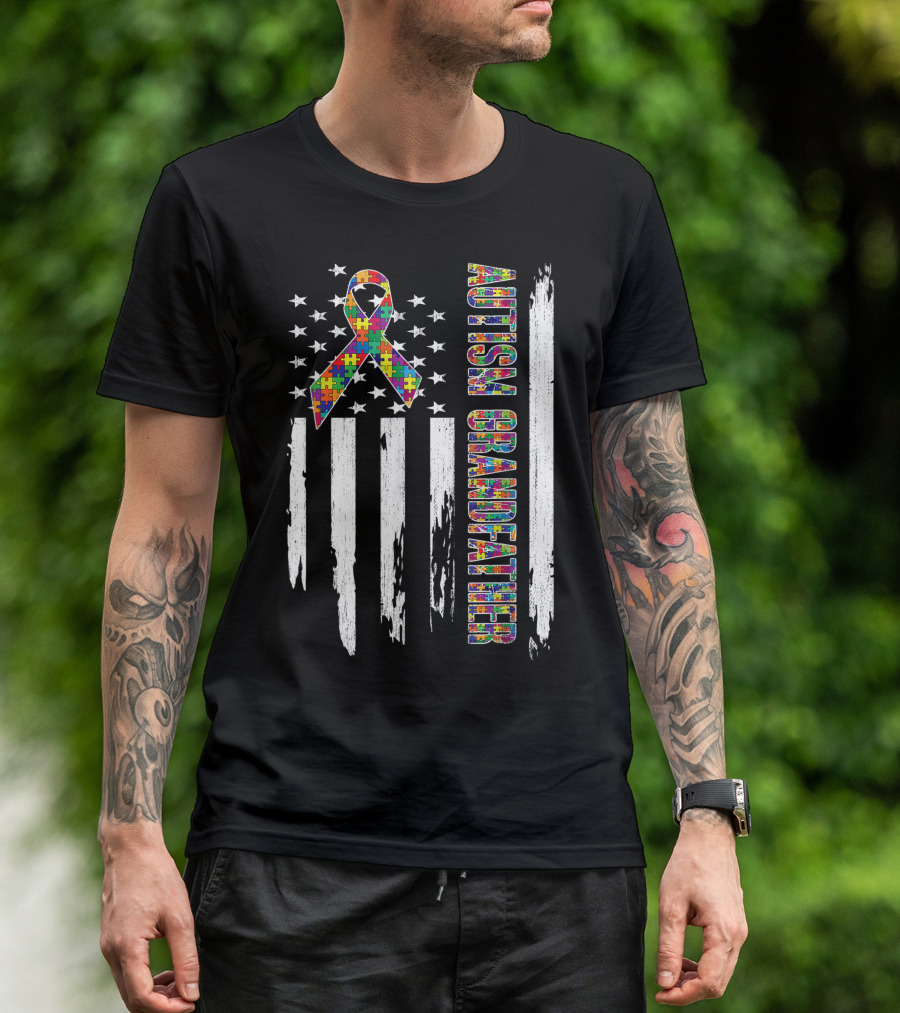 Autism Grandfather Puzzle Ribbon American Flag Autism Awareness T-Shirt