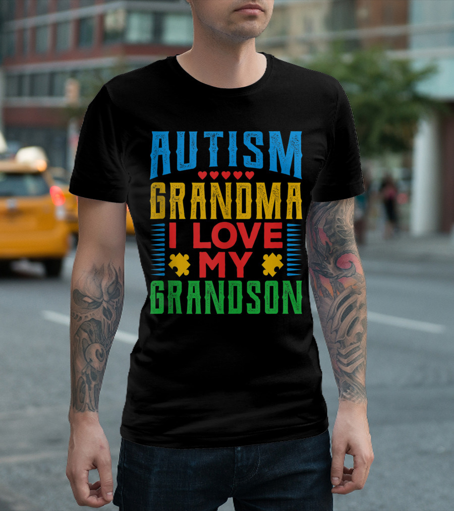 Autism Grandma I Love My Grandson Puzzle Pieces Hearts T-Shirt