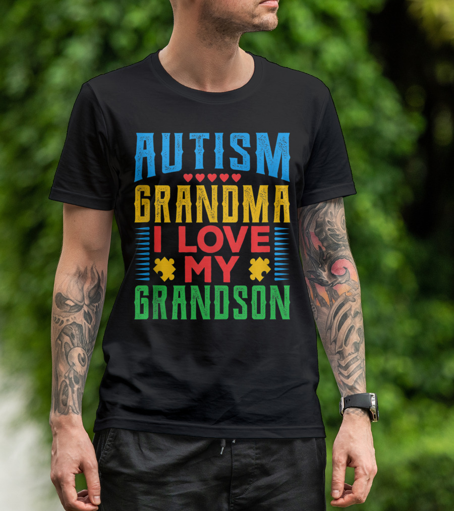 Autism Grandma I Love My Grandson Puzzle Pieces Hearts T-Shirt
