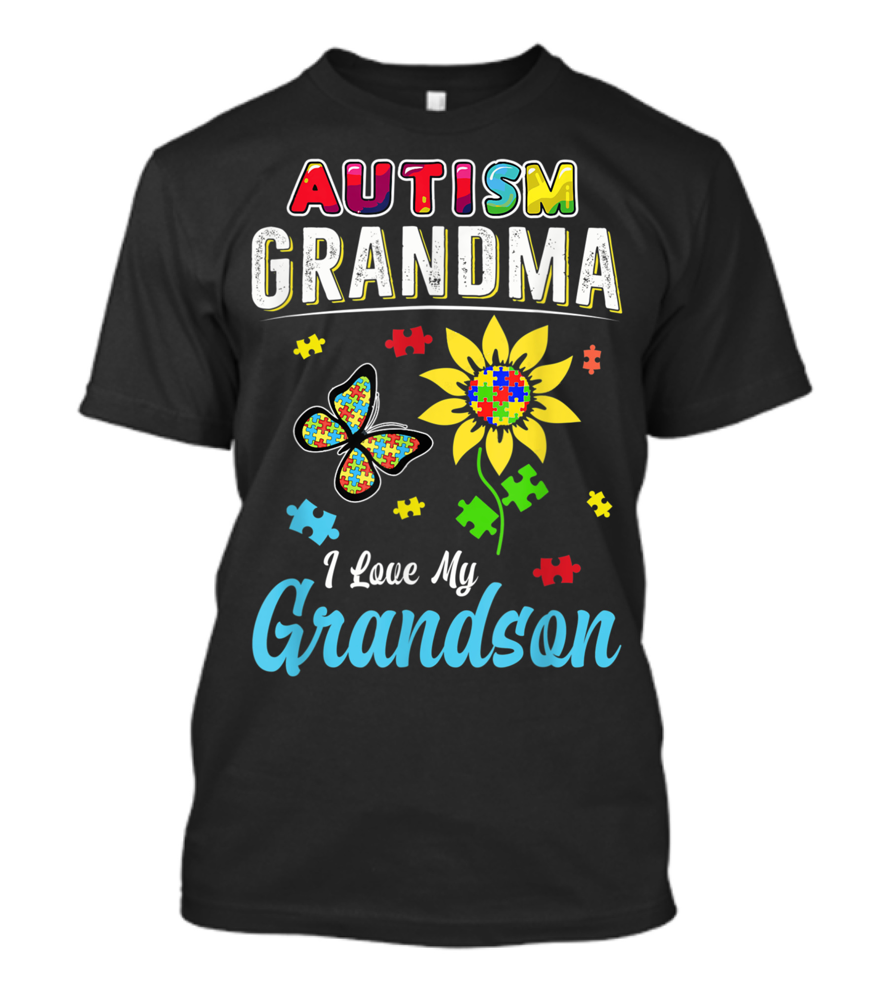 Autism Grandma I Love My Grandson Puzzle Butterfly Sunflower T-Shirt