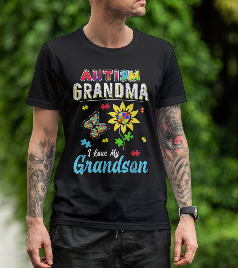 Autism Grandma I Love My Grandson Puzzle Butterfly Sunflower T-Shirt