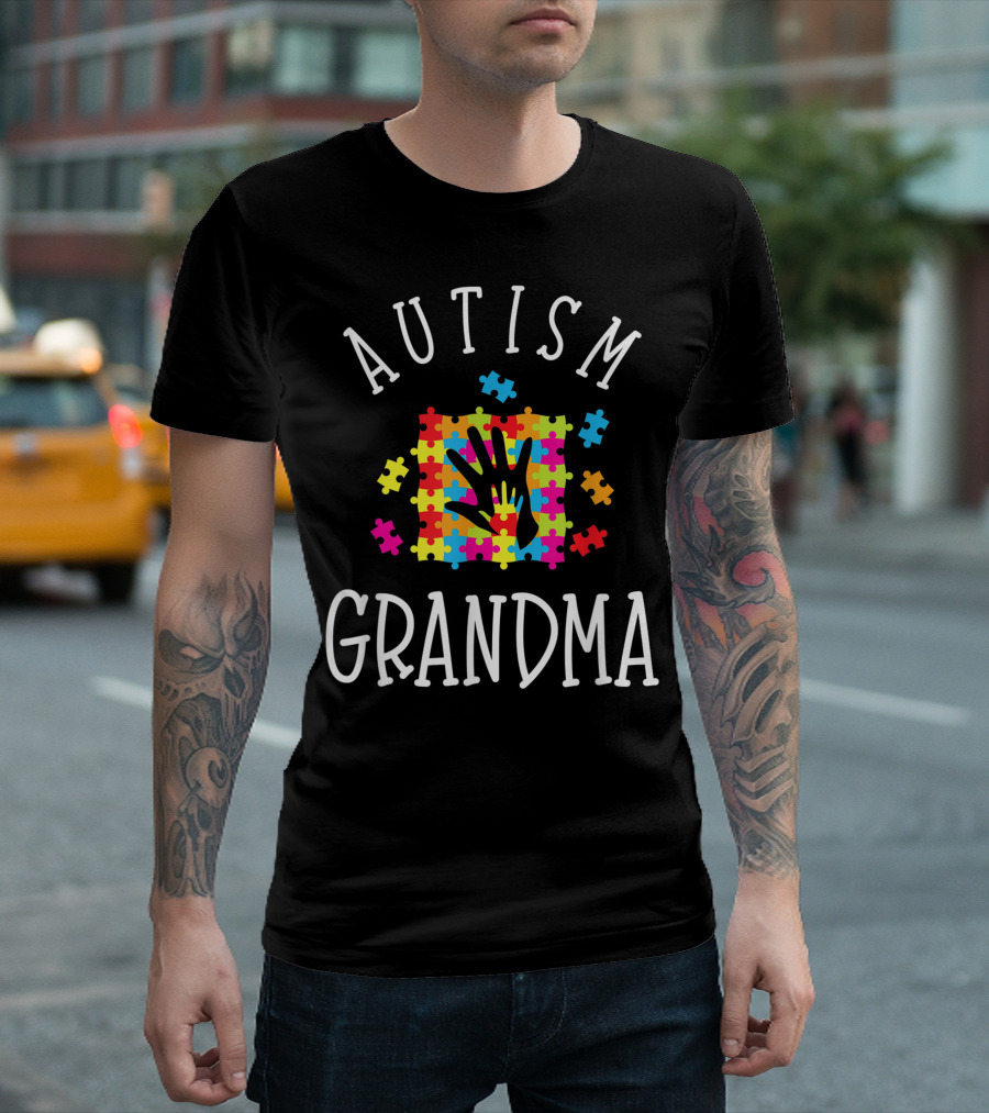 Autism Grandma Colorful Puzzle Pieces Hand Symbol Family Awareness T-Shirt