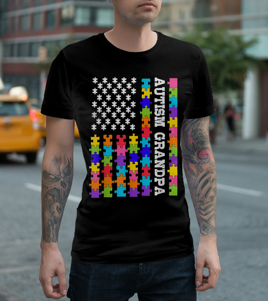 Autism Grandpa Autism Awareness Flag Puzzle Design Patriotic Autistic Family T-Shirt