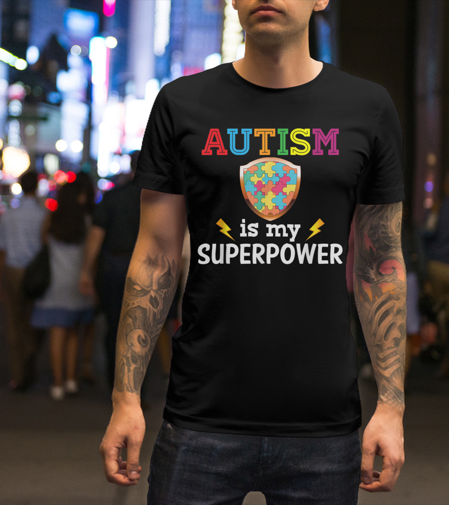 Autism Is My Superpower Rainbow Puzzle Shield Lightning T-Shirt