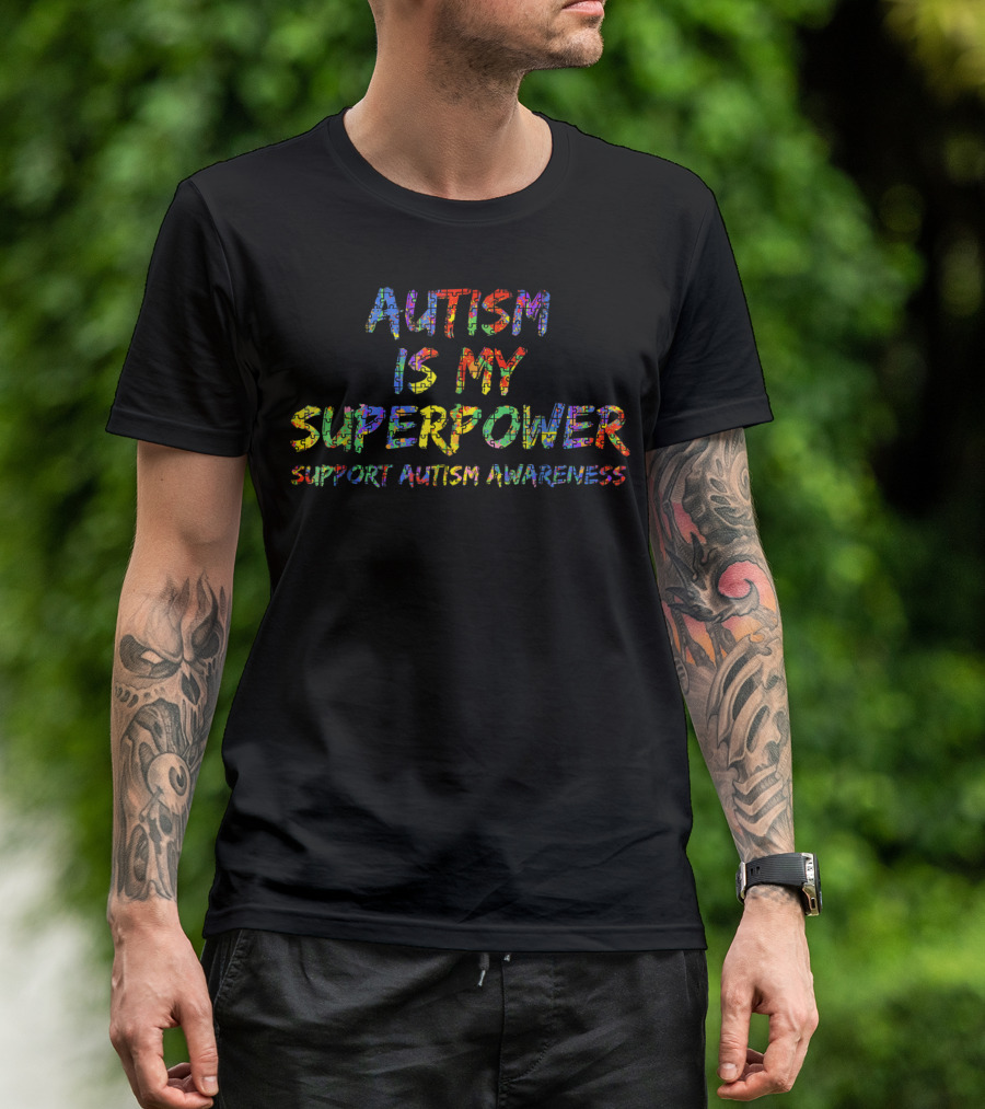 Autism Is My Superpower Support Autism Awareness Puzzle Piece Rainbow T-Shirt