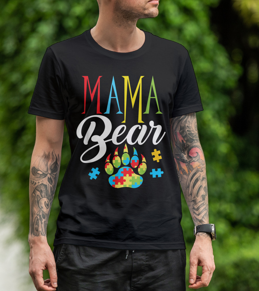 Mama Bear Autism Puzzle Piece Paw T-Shirt