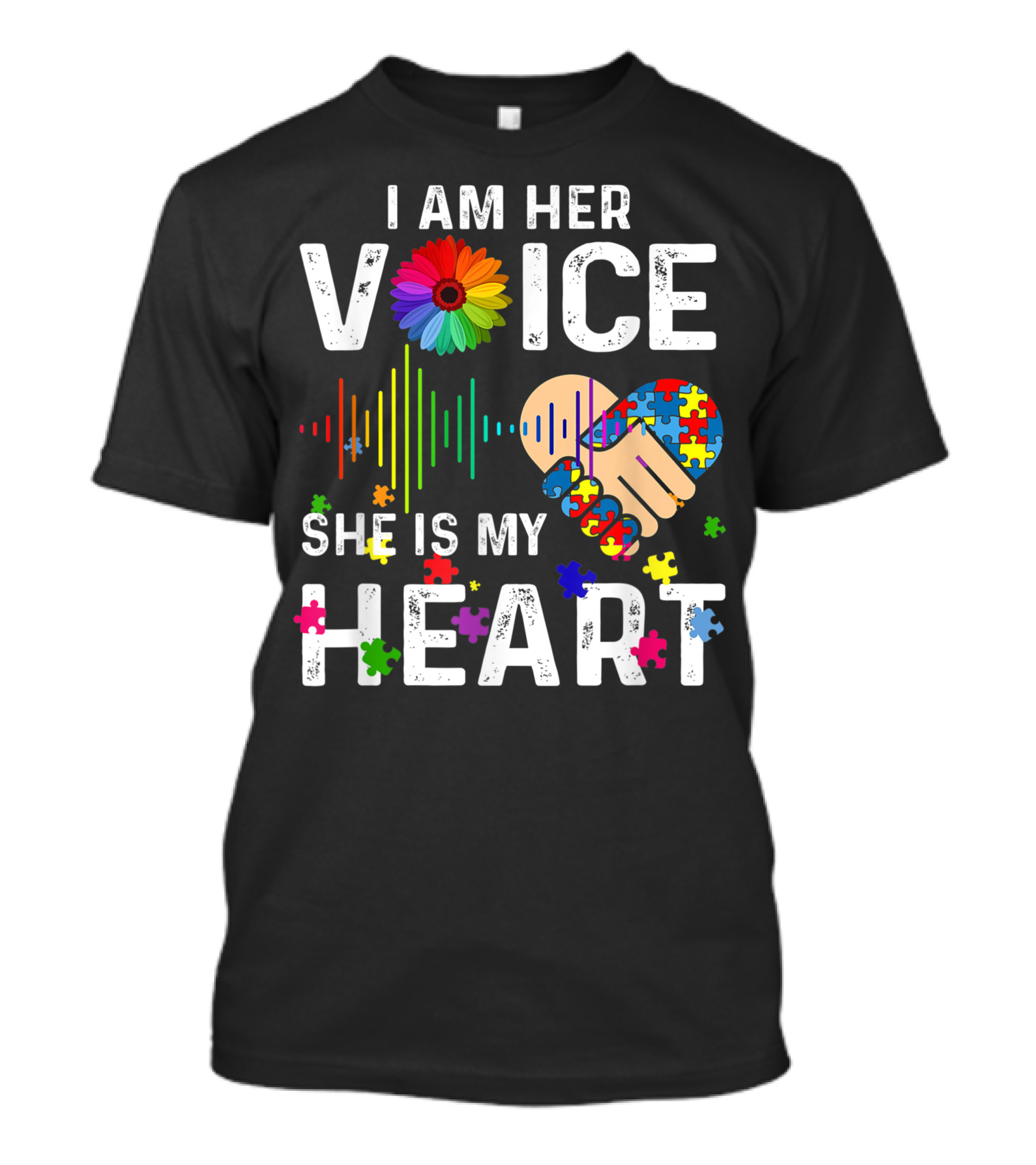 I Am Her Voice She Is My Heart Autism Rainbow Infinity Puzzle Hand T-Shirt