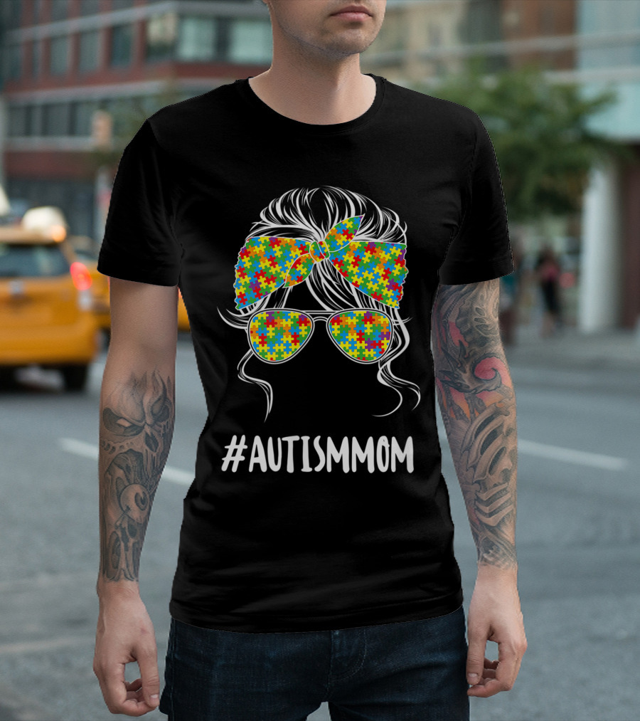 AutismMom Puzzle Piece Bandana and Sunglasses Autism Awareness T-Shirt