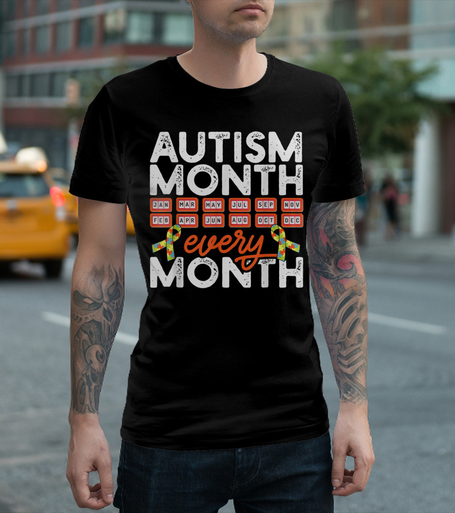 Autism Month Every Month Ribbon Puzzle January February March April May June July August September October November December T-Shirt