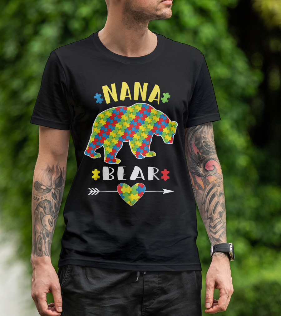 Nana Bear Autism Grandma Puzzle Piece Heart Arrow T-Shirt