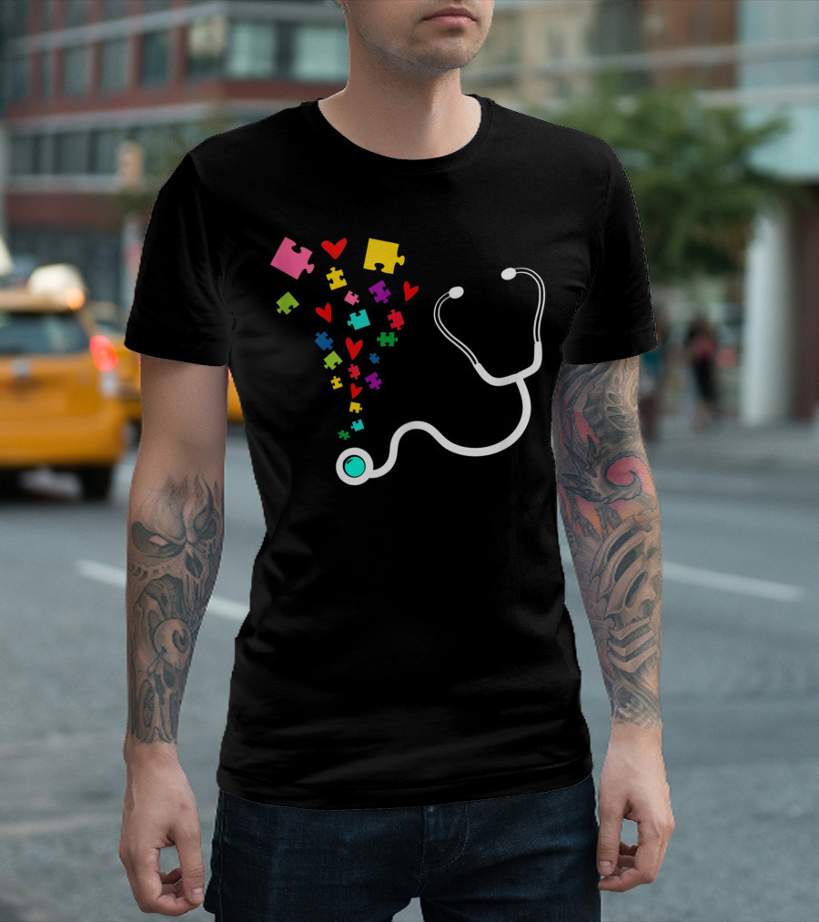 Autism Nurse Awareness Puzzle Pieces and Stethoscope T-Shirt