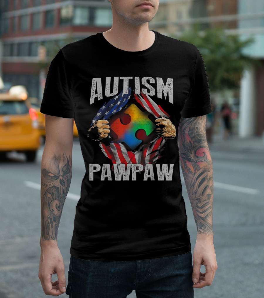 Autism Pawpaw American Flag Puzzle Awareness T-Shirt