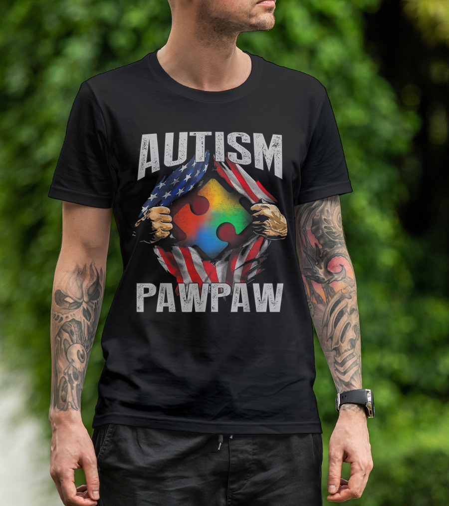 Autism Pawpaw American Flag Puzzle Awareness T-Shirt