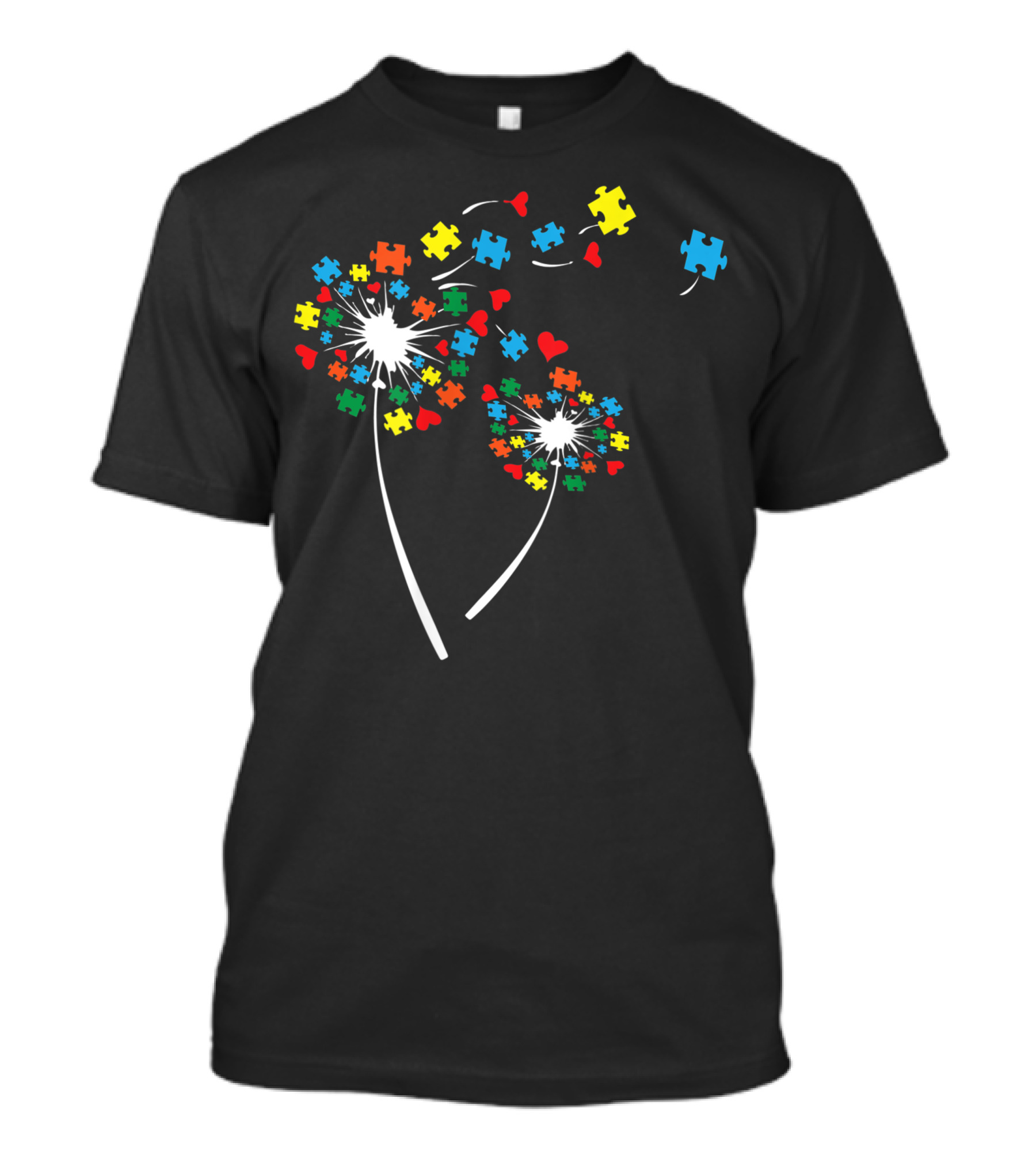 Autism Awareness Dandelion Flower With Colorful Puzzle Pieces And Hearts T-Shirt