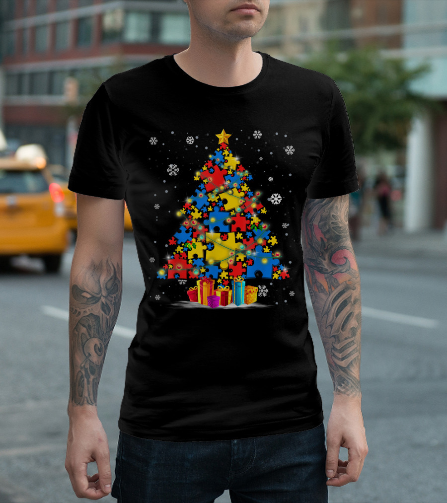 Autism Puzzle Pieces Christmas Tree with Snowflakes and Gifts for Autism Awareness T-Shirt