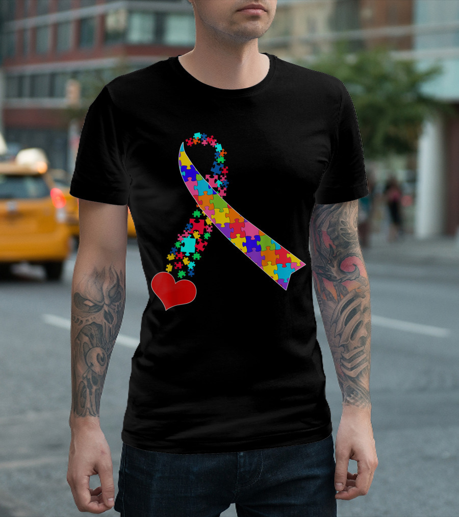 Autism Ribbon Awareness With Heart And Colorful Puzzle Pieces For Autism Moms T-Shirt