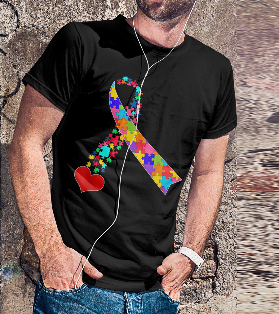 Autism Ribbon Awareness With Heart And Colorful Puzzle Pieces For Autism Moms T-Shirt