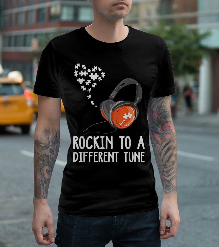 Rockin To A Different Tune Headphones Autism Puzzle Heart T-Shirt