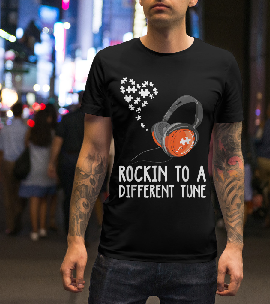 Rockin To A Different Tune Headphones Autism Puzzle Heart T-Shirt