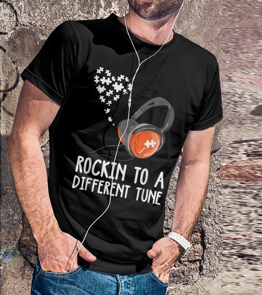 Rockin To A Different Tune Headphones Autism Puzzle Heart T-Shirt