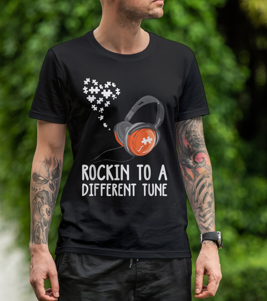 Rockin To A Different Tune Headphones Autism Puzzle Heart T-Shirt