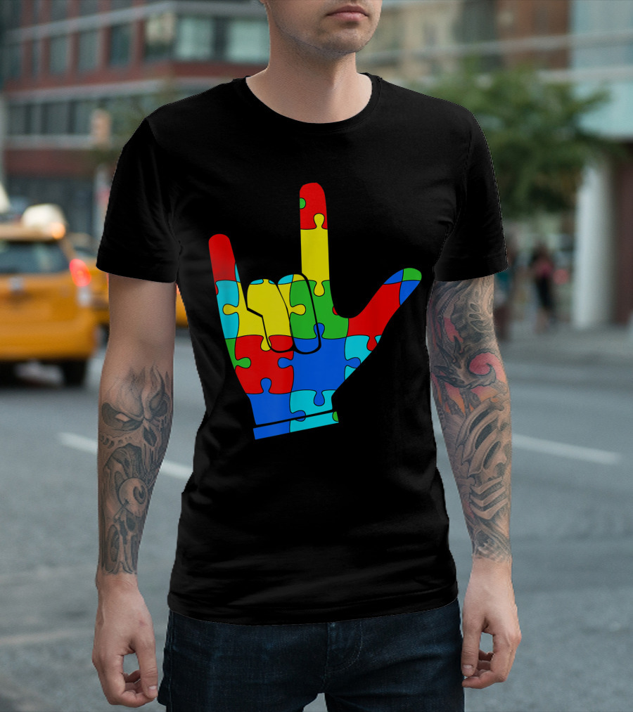 Autism Rocks Awareness Puzzle Hand Sign Autism Moms Autistic Support T-Shirt
