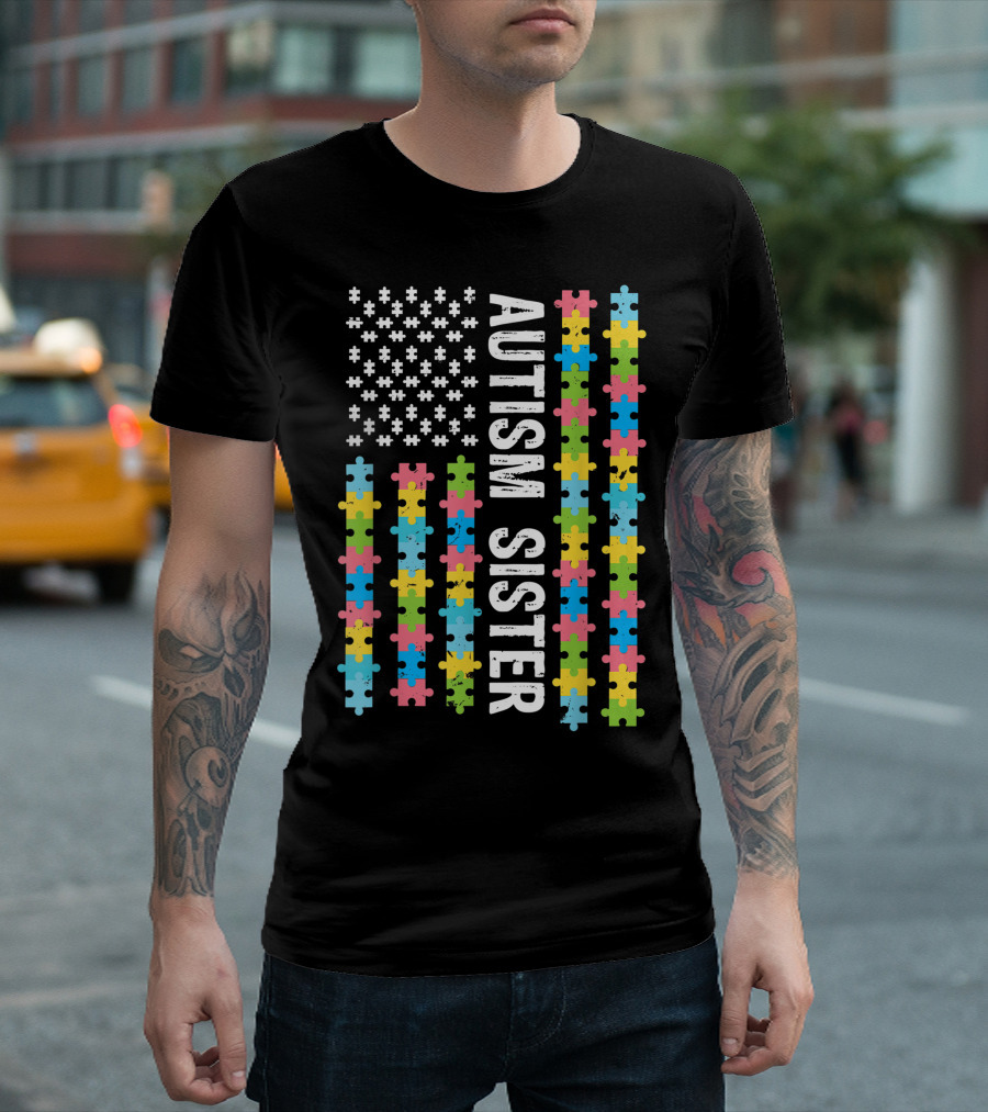 Autism Sister Awareness I'm a Proud Sister Vintage US Flag Puzzle Piece T-Shirt