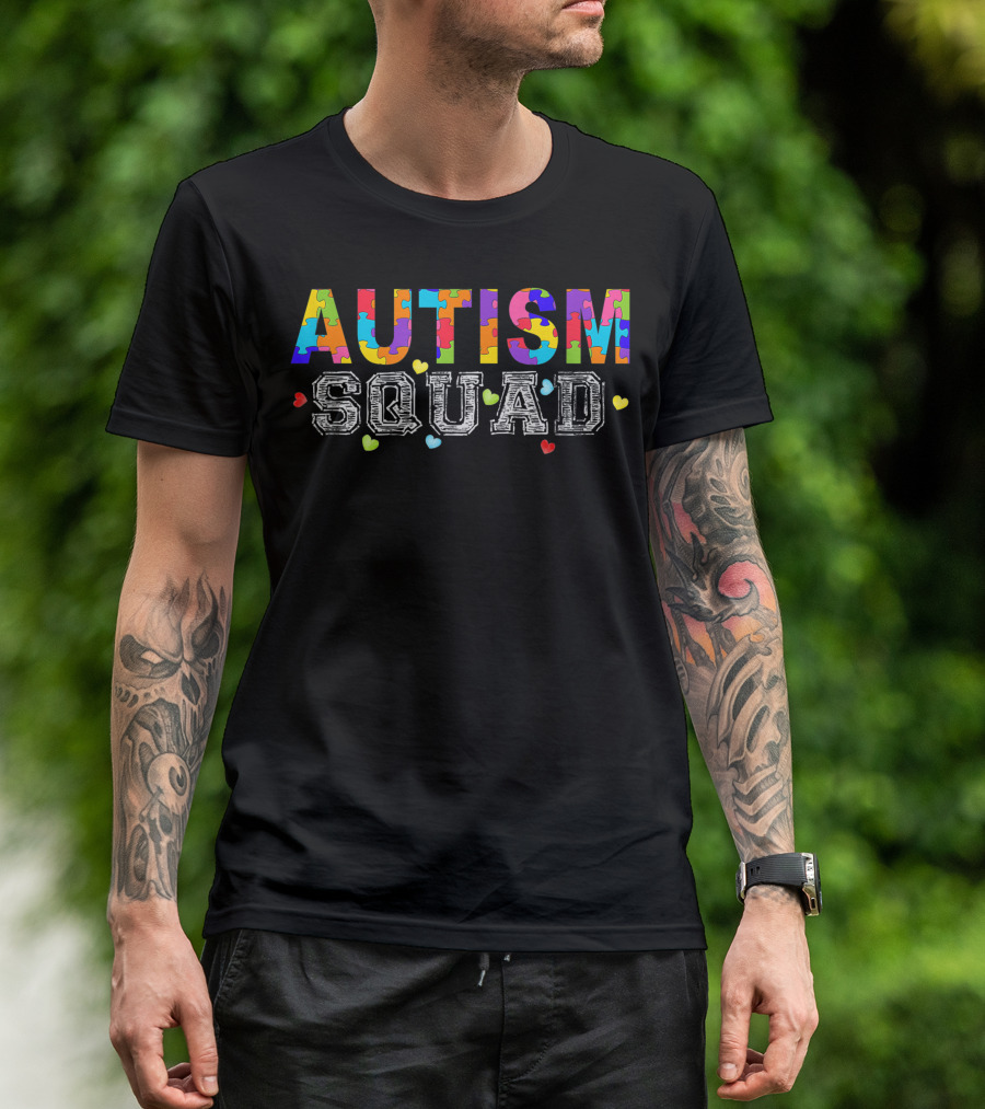 Autism Squad Puzzle Pieces And Hearts Autism Awareness Support Team T-Shirt