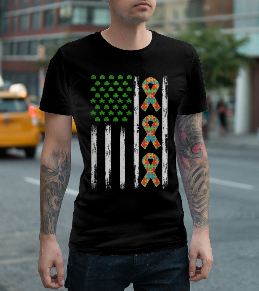 Autism St Patricks Day USA Flag Shamrock Puzzle T-Shirt