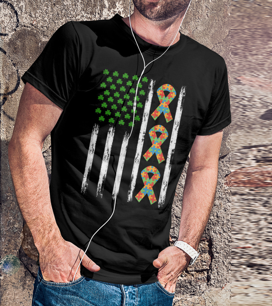 Autism St Patricks Day USA Flag Shamrock Puzzle T-Shirt