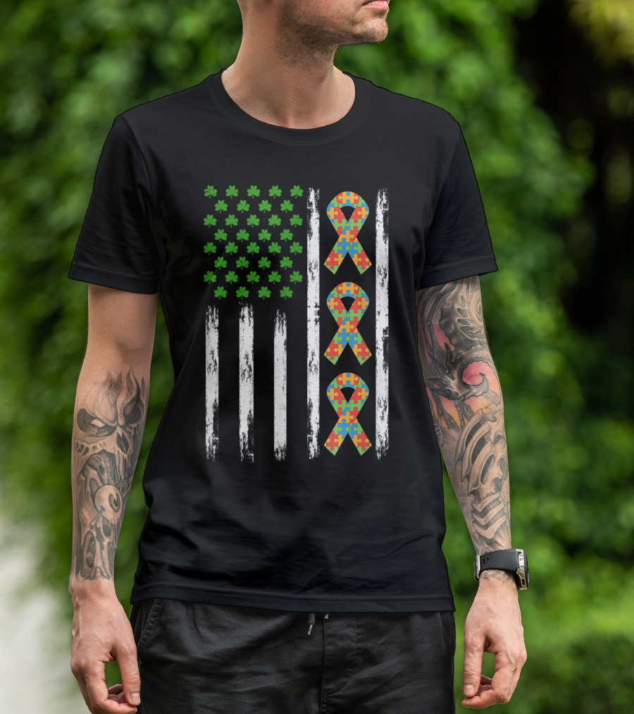 Autism St Patricks Day USA Flag Shamrock Puzzle T-Shirt