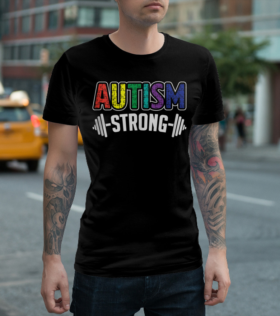 Autism Strong Multicolored Puzzle Piece Awareness with Barbell T-Shirt
