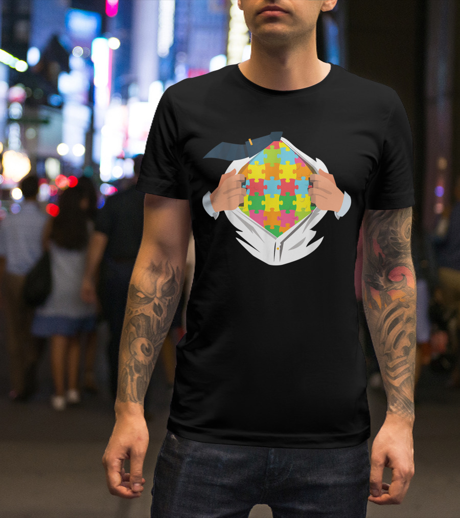 Autism Superhero Puzzle Piece Shirt Hidden Underneath Suit T-Shirt