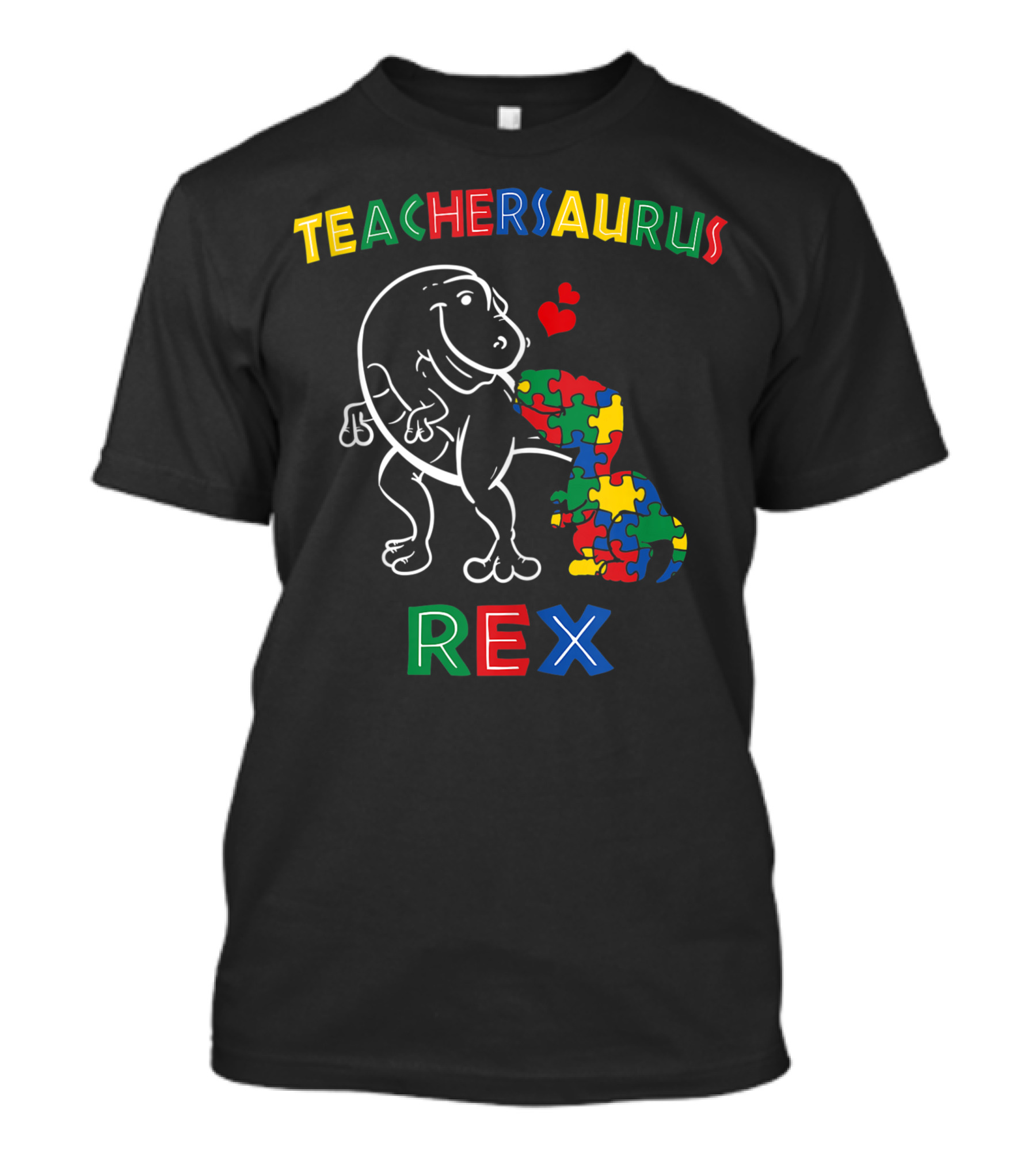 Teachersaurus Rex Autism Awareness Day Dinosaur Puzzle Heart T-Shirt