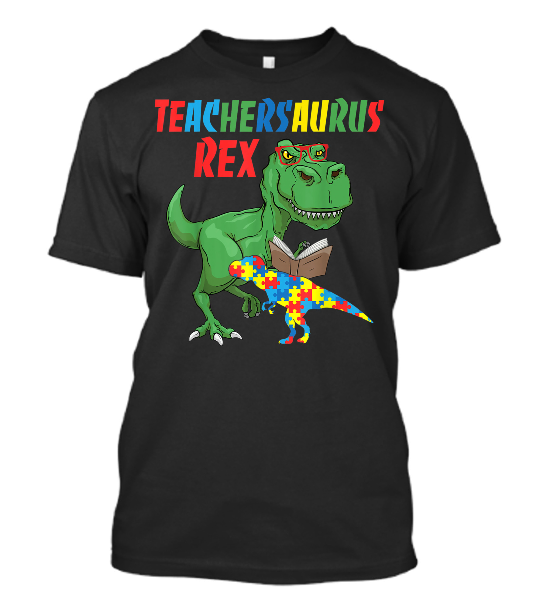 Teachersaurus Rex Dinosaur Reading Book With Puzzle Autism T-Shirt