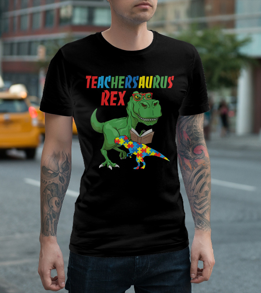 Teachersaurus Rex Dinosaur Reading Book With Puzzle Autism T-Shirt